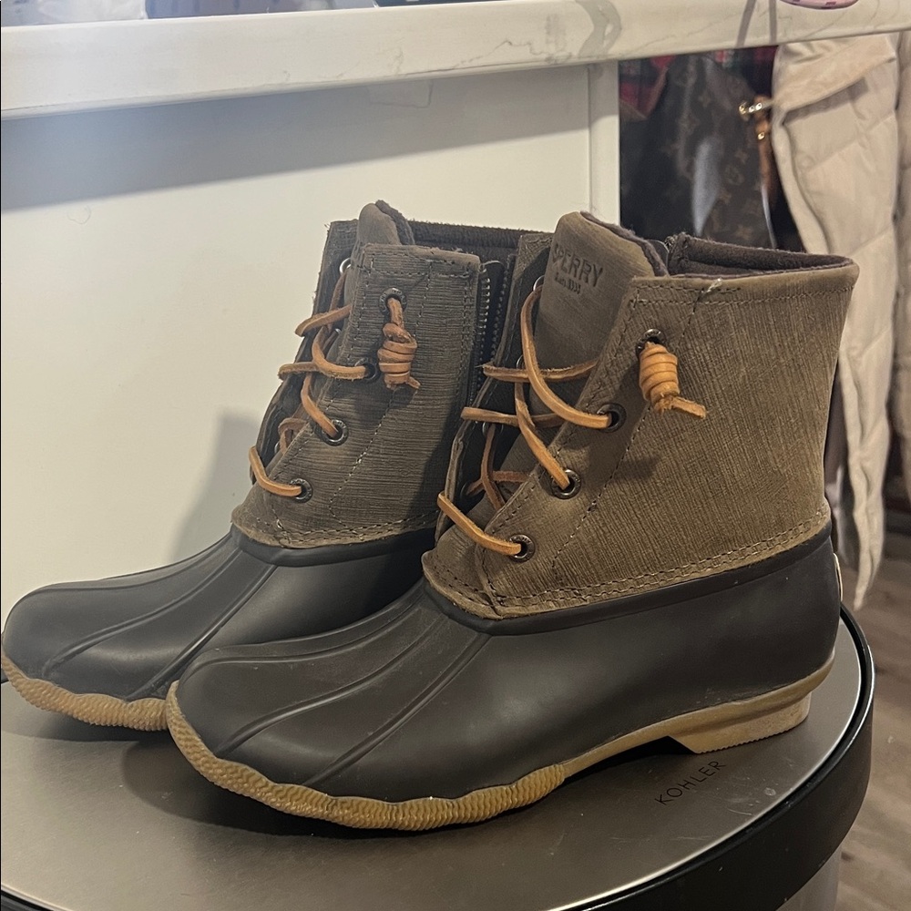 Sperry Olive and Black Duck Boots